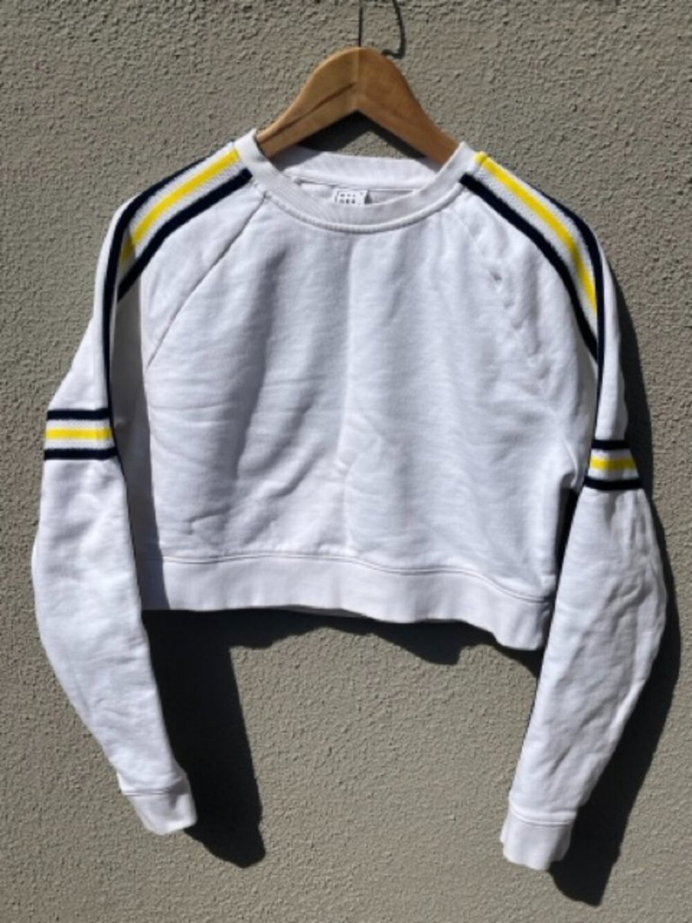 Nylora White Cropped Sweatshirt Varsity Yellow Stripe Sporty Pullover xs